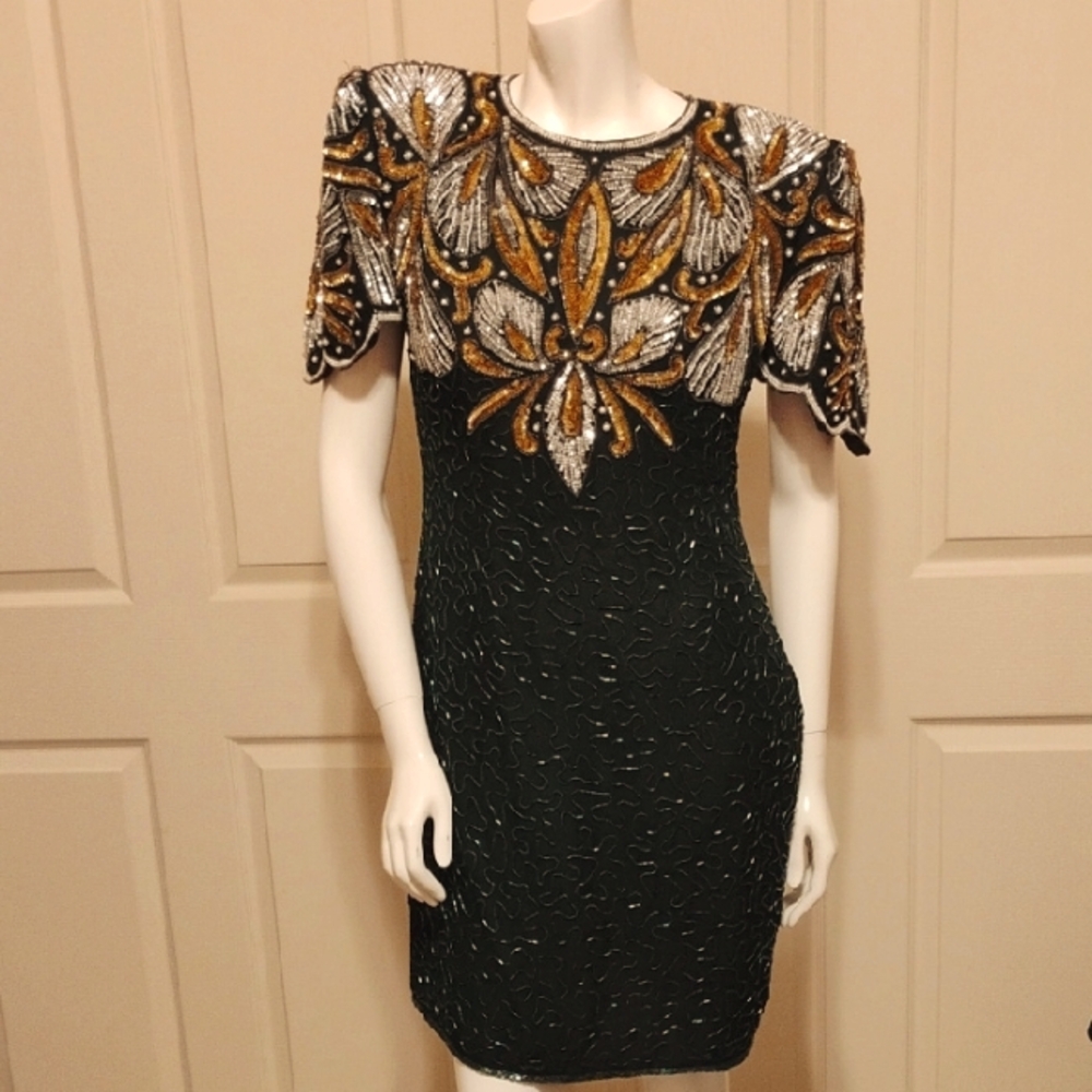 Vintage Lawrence Kazar 100% Silk Beaded Sequin Dress Black Silver Gold